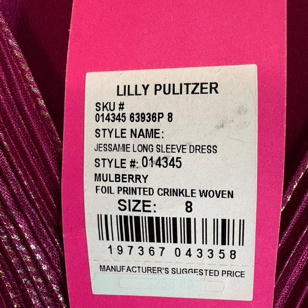 LILLY PULITZER Jessamie Long Sleeve Foil Printed Crinkle Woven Dress Sz 8 - Picture 5 of 8